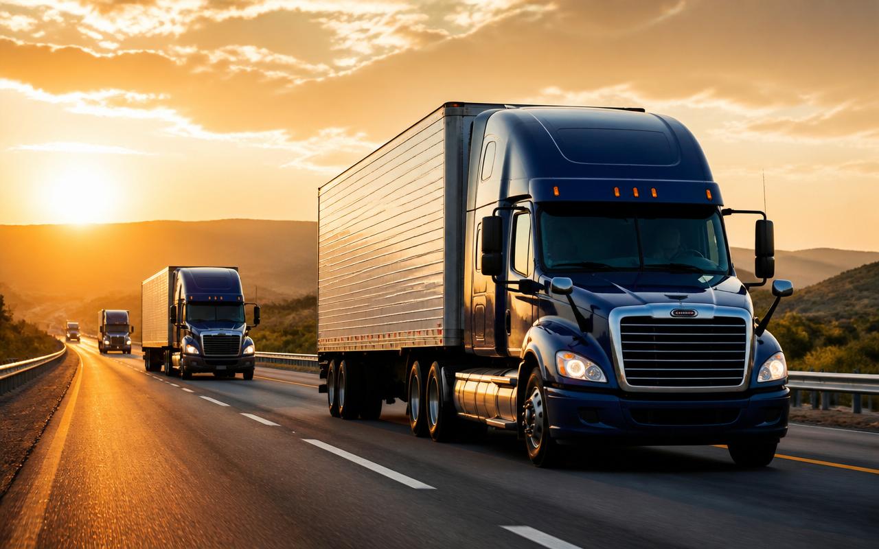 Fleet of big rigs hauling freight on a highway