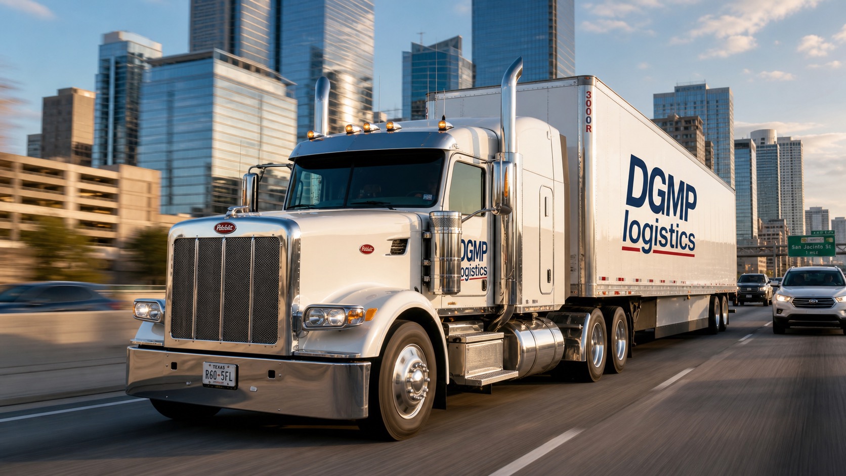 Modern Peterbilt semi-truck driving on a highway at sunset