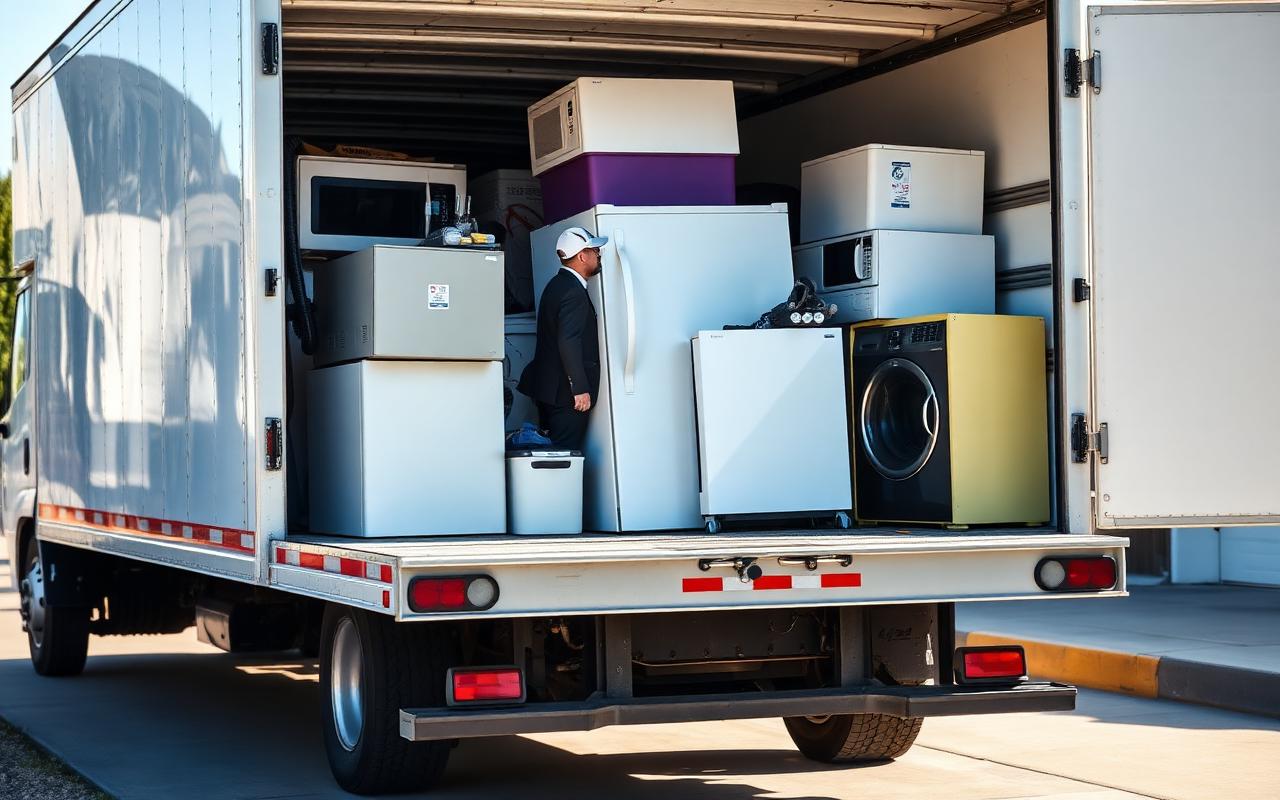 Box truck loaded with appliances and junk for removal